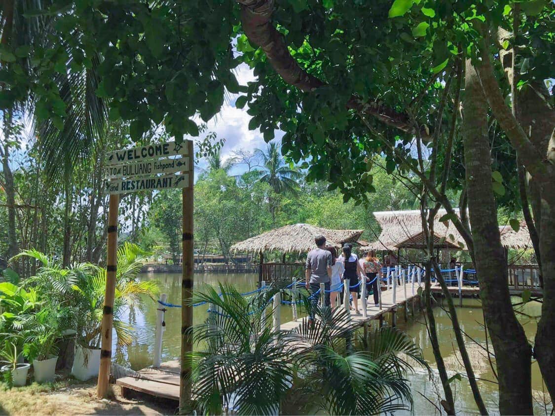 Buluang Fishpond Restaurant shows a bamboo-gated entrance