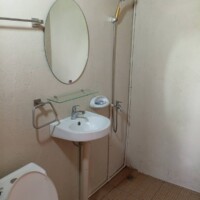 Small bathroom featuring a shower, sink, mirror, and basic fixtures.