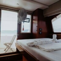 Luxurious Leopard 58 yacht bedroom with ocean view and modern amenities.