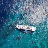 default A dolphin-shaped boat sailing on clear blue ocean waters in the Philippines.