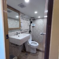 Bathroom with shower, toilet, and mirror in Dolphin Liveaboard.