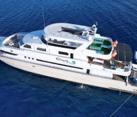 Experience luxurious island hopping in the Philippines aboard a beautiful yacht, exploring stunning islands and turquoise waters. Stunning white yacht floating on deep blue sea, ideal for luxury island hopping adventures in the Philippines.