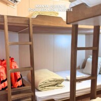 Affordable accommodation option for travelers exploring the Philippines. Bunk bed with four beds and personal storage in a hostel room.