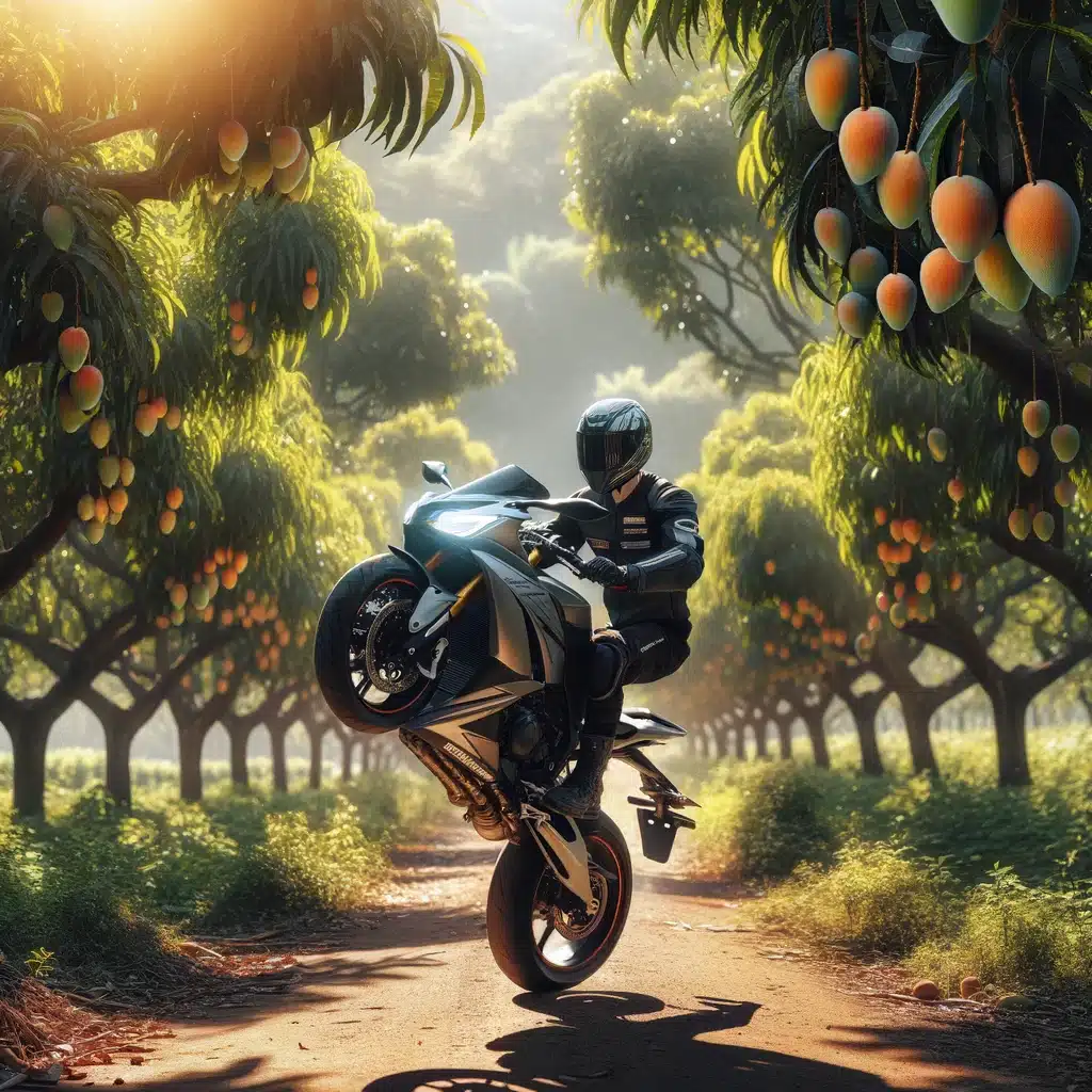 motorcyle through mango orchard